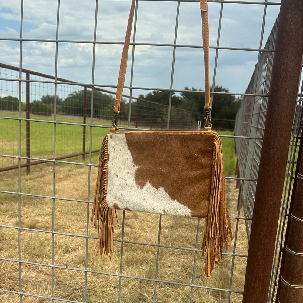 Brown and White Fringe Cowhide Crossbody Bag